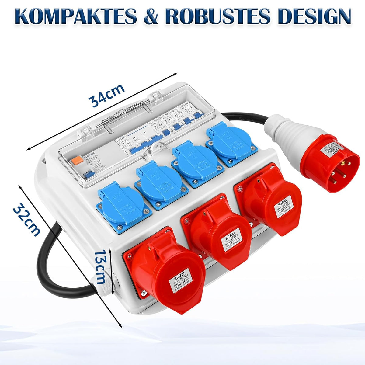 Wandverteiler Vorverkabelt Stromverteiler, 4x 230V Schuko Steckdosen + 2x CEE 16A + 1x CEE 32A, Baustromverteiler mit FI-Schalter und LS Schalter, IP67 Wasserdicht Gehäuse für Innen und Außen