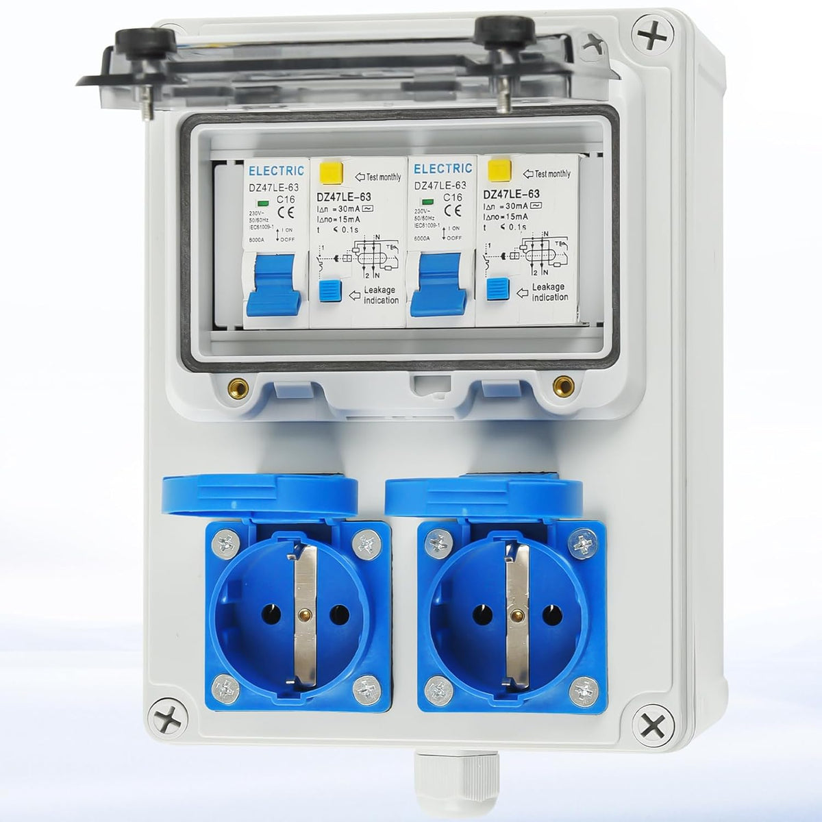 Baustromverteiler Vorverkabelt Stromverteiler, 2x 230V Schuko Steckdosen, Wandverteiler mit 2x FI-Schalter 16A, IP67 Wasserdicht Gehäuse für Innen und Außen