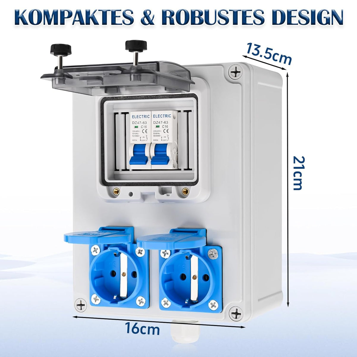 Baustromverteiler Vorverkabelt Stromverteiler, 2x 230V Schuko Steckdosen, Wandverteiler mit 2x Leitungsschutzschalter 16A 1P, IP67 Wasserdicht Gehäuse für Innen und Außen