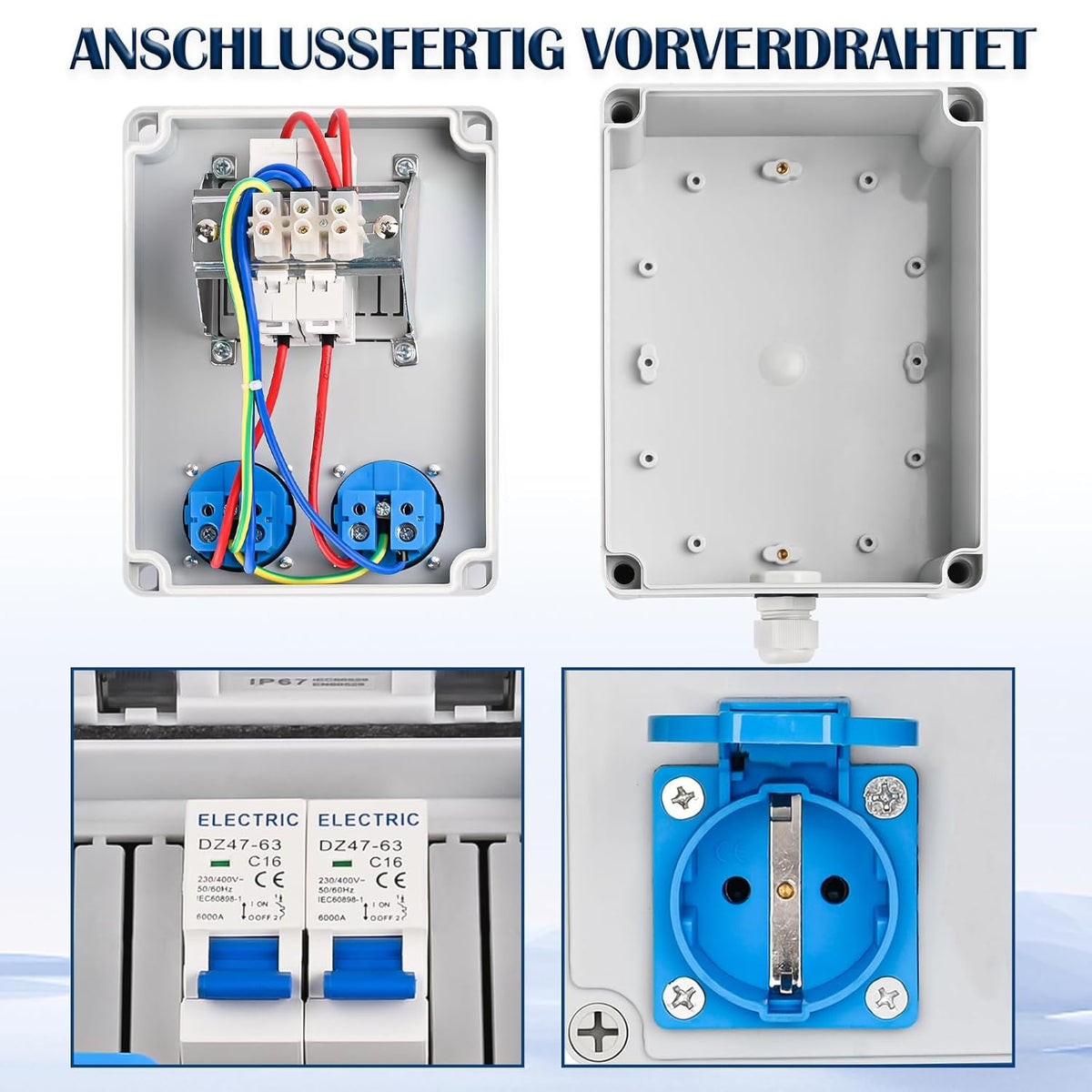 Baustromverteiler Vorverkabelt Stromverteiler, 2x 230V Schuko Steckdosen, Wandverteiler mit 2x Leitungsschutzschalter 16A 1P, IP67 Wasserdicht Gehäuse für Innen und Außen