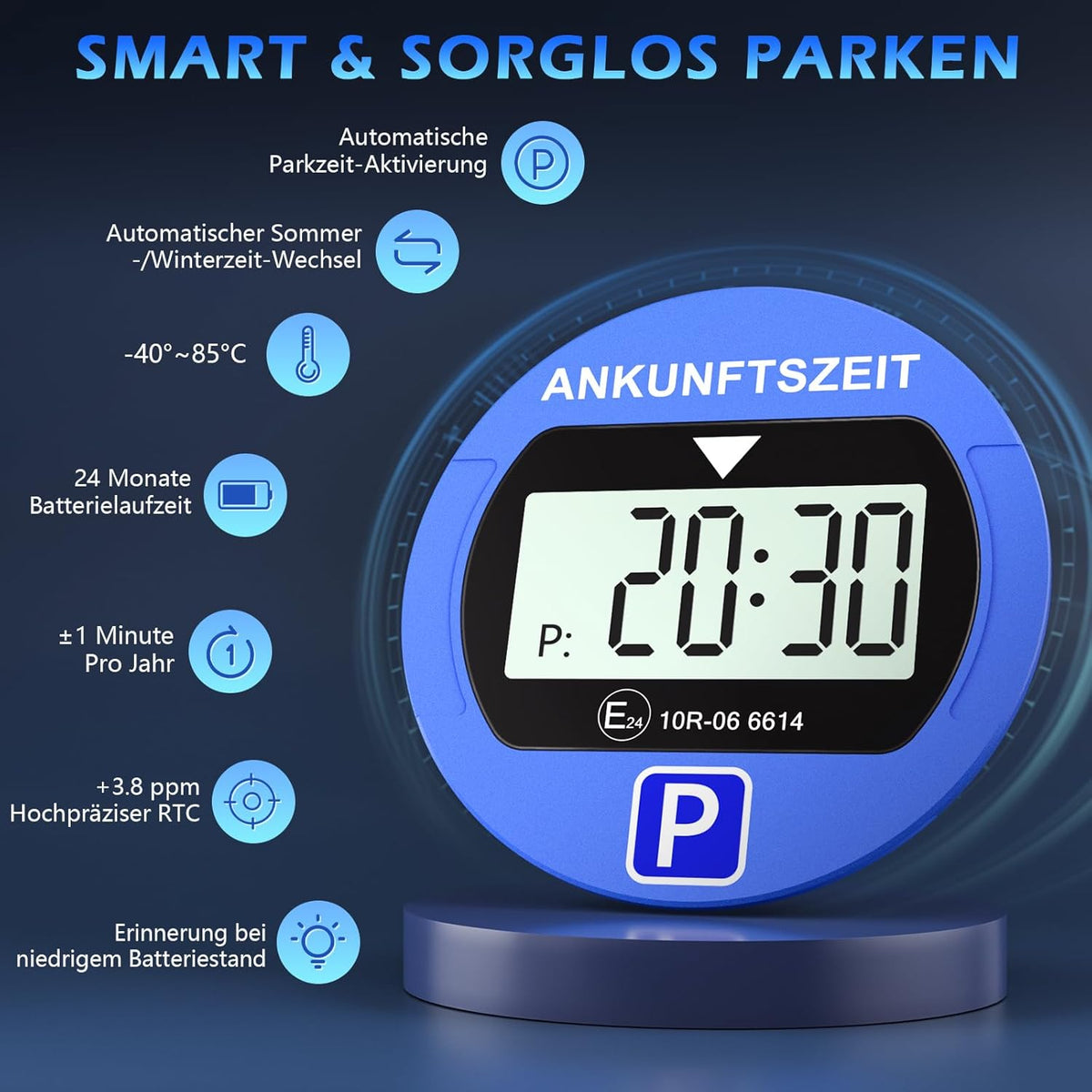 Elektronische Parkscheibe mit Zulassung vom KBA, Automatische Digitale Parkscheibe Elektrisch mit Batterie, Elektrische Parkuhr Auto mit 2 Displays & Nachtparkmodus & Vielseitig