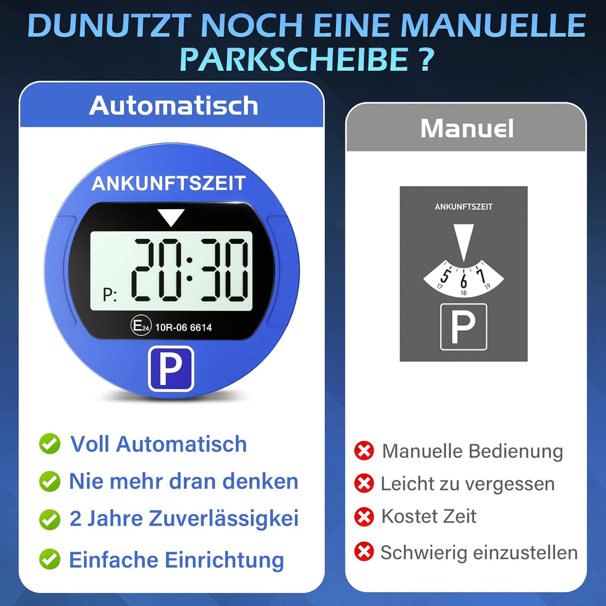 2 Stück Elektronische Parkscheibe mit Zulassung vom KBA, Automatische Digitale Parkscheibe Elektrisch mit Batterie, Elektrische Parkuhr Auto mit 2 Displays & Nachtparkmodus & Vielseitig