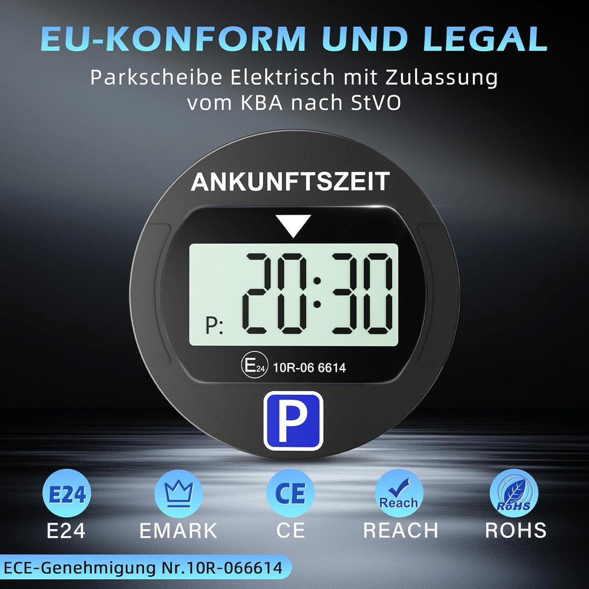 Elektronische Parkscheibe mit Zulassung vom KBA, Automatische Digitale Parkscheibe Elektrisch mit Batterie, Elektrische Parkuhr Auto mit 2 Displays & Nachtparkmodus & Vielseitig