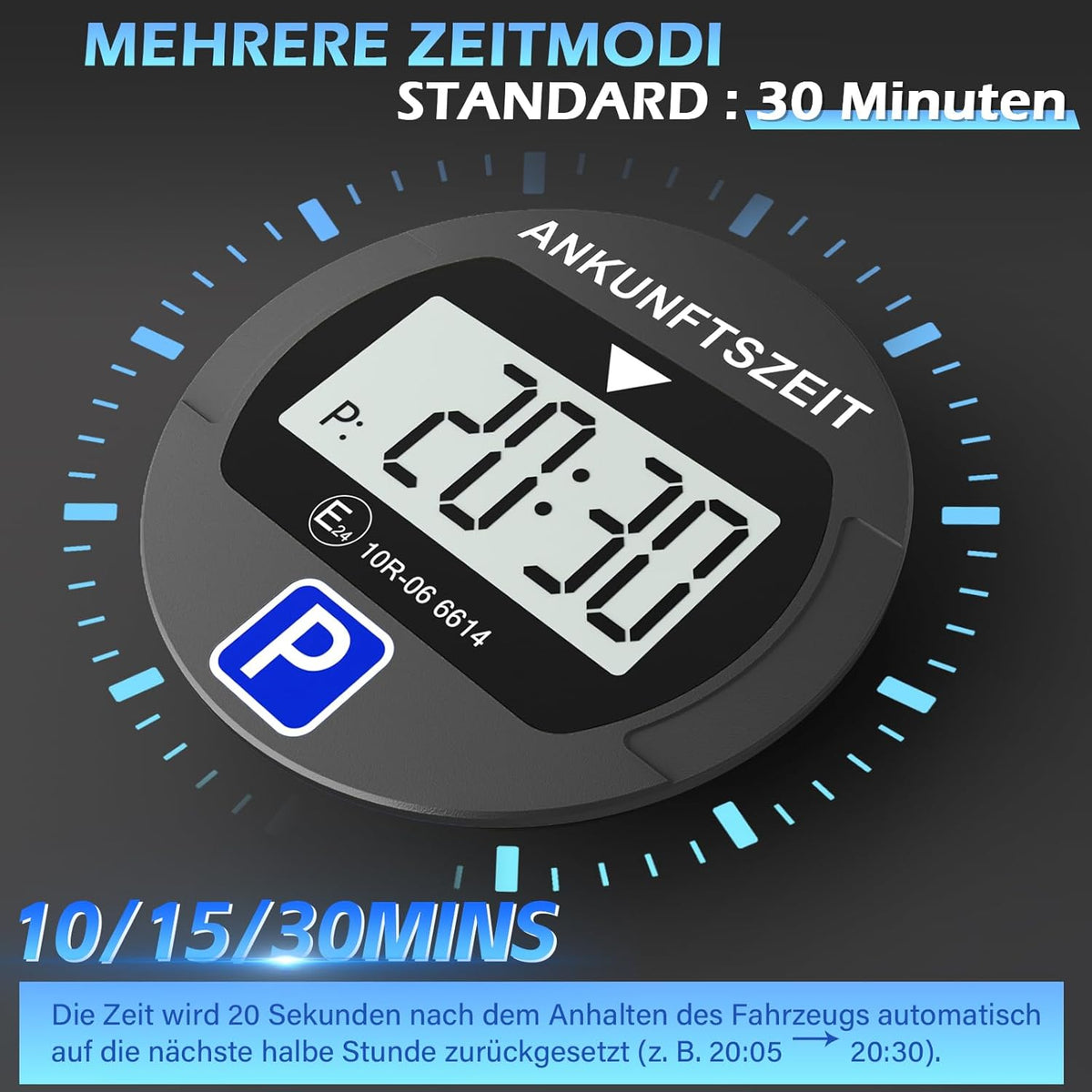 Elektronische Parkscheibe mit Zulassung vom KBA, Automatische Digitale Parkscheibe Elektrisch mit Batterie, Elektrische Parkuhr Auto mit 2 Displays & Nachtparkmodus & Vielseitig