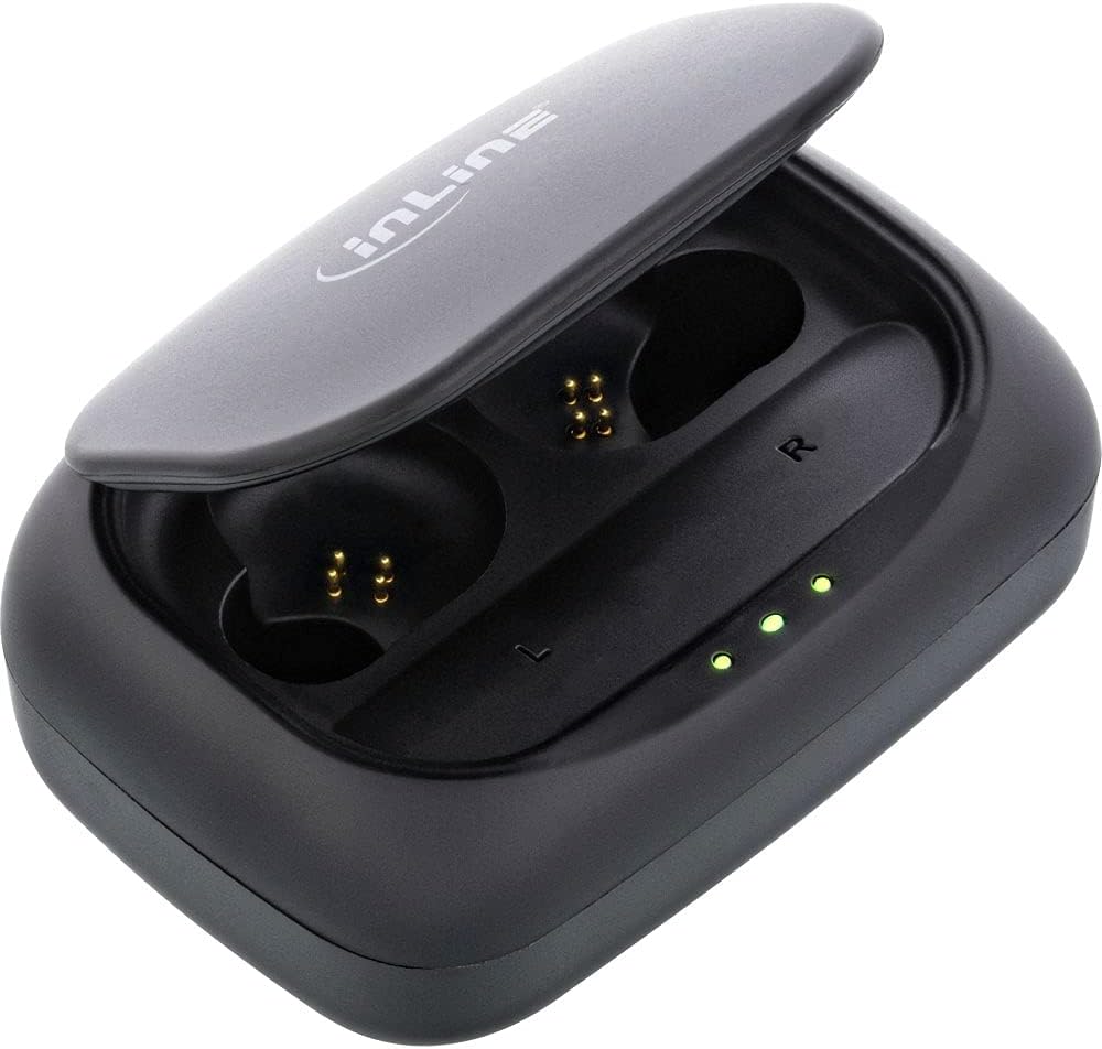 InLine 55356T PURE Air TWS, Bluetooth In-Ear Kopfhörer mit True wireless Stereo, mit Qi-Case PowerBank, Schwarz, In-Ears: 27x23x23mm / Ladegehäuse: 76x54x30mm