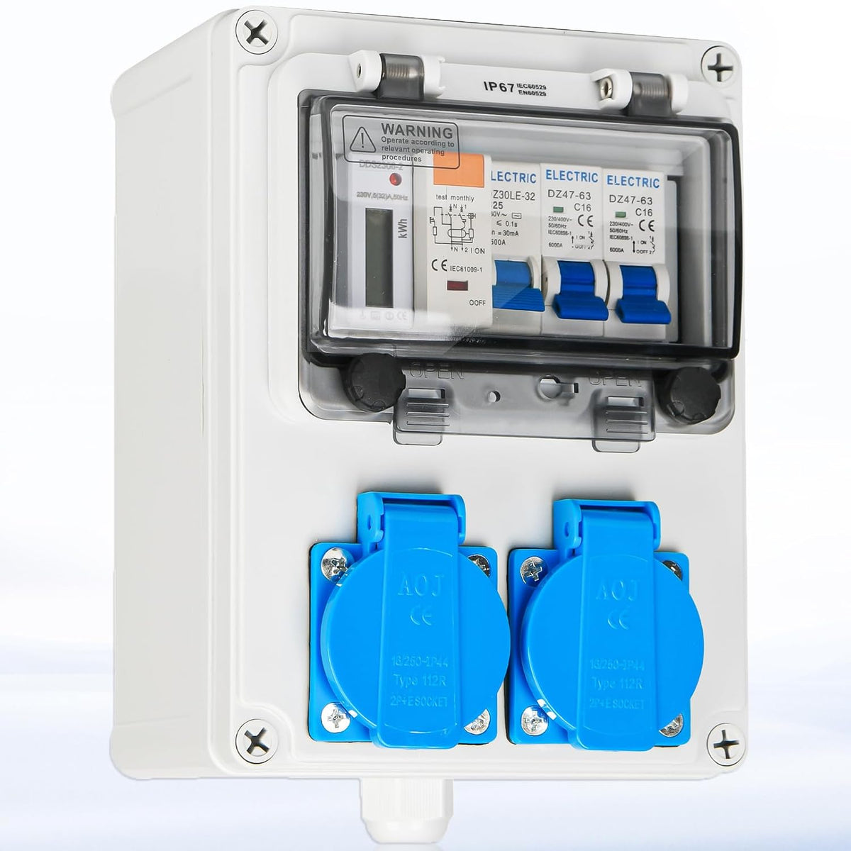 Wandverteiler Vorverkabelt Stromverteiler, Baustromverteiler mit FI-Schalter, LS Schalter und Stromzähler, 2x 230V Schuko Steckdosen, IP67 Wasserdicht Gehäuse für Innen und Außen