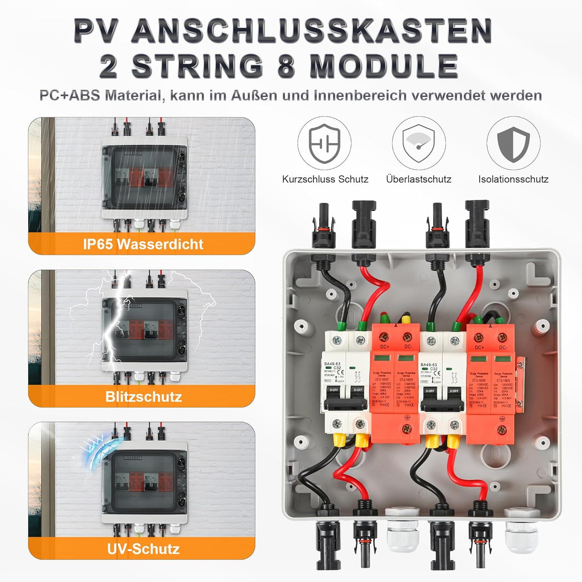 Überspannungsschutz PV DC1000V Blitzschutz Leitungsschutzschalter 32A DC Trennschalter PV Anlage 2 String, IP65 Wasserdicht & UV-Beständig Solar Anschlusskasten 2 in 2 out