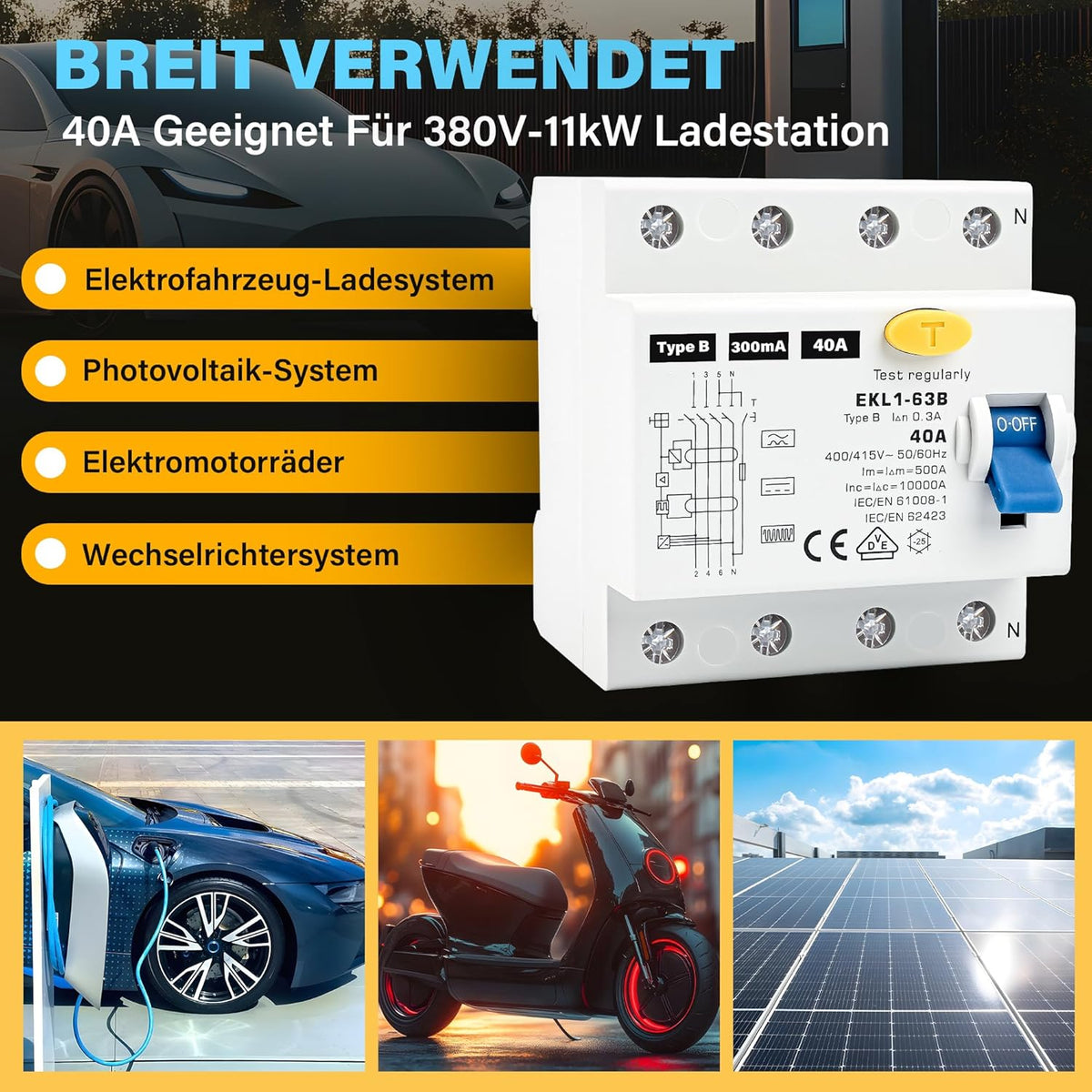 FI Schutzschalter Typ B 40A 30mA 4 Polig, VDE Zertifizierung Fehlerstromschutzschalter RCD Allstromsensitiver Schalter Automat Sicherun für Wallboxen Ladestationen, DIN Hutschiene Montage