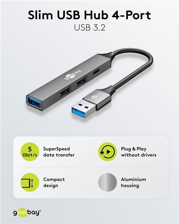 4-Port USB 3.2 Hub Slim, Multiple Plug, 5 Gbits, Splitter, A to 3xA and 1xC Multiport Adapter 3.0