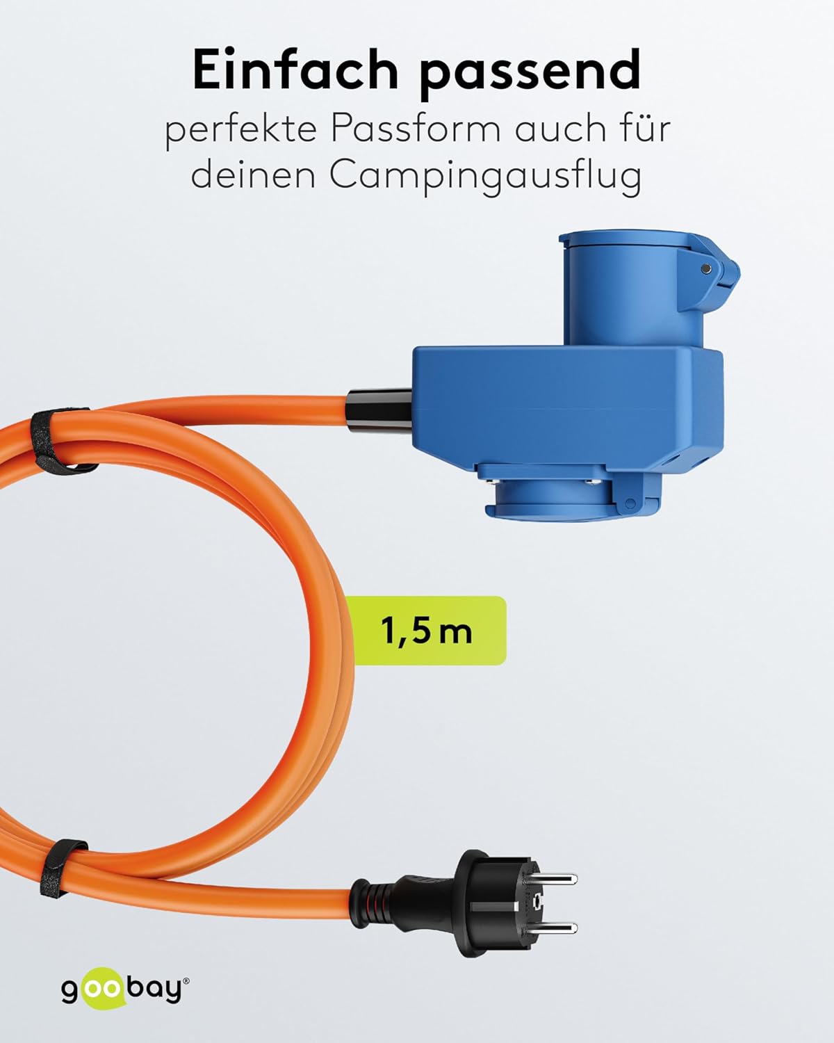 CEE-Adapterkabel für Wohnwagen, 1,5 m, Schutzkontakt 90°, CEE-Buchse und Schutzkontakt mit Verschlusskappen, Kabel für Camping, Wohnmobil und Wohnwagen