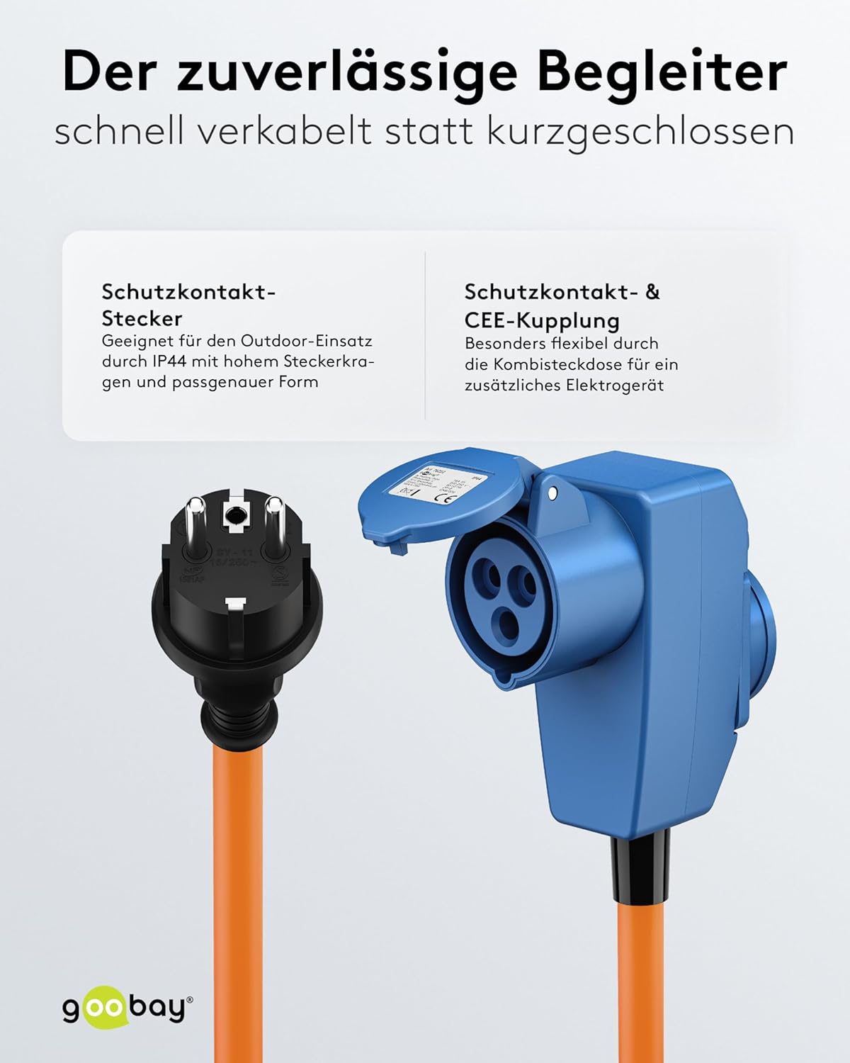 CEE-Adapterkabel für Wohnwagen, 1,5 m, Schutzkontakt 90°, CEE-Buchse und Schutzkontakt mit Verschlusskappen, Kabel für Camping, Wohnmobil und Wohnwagen