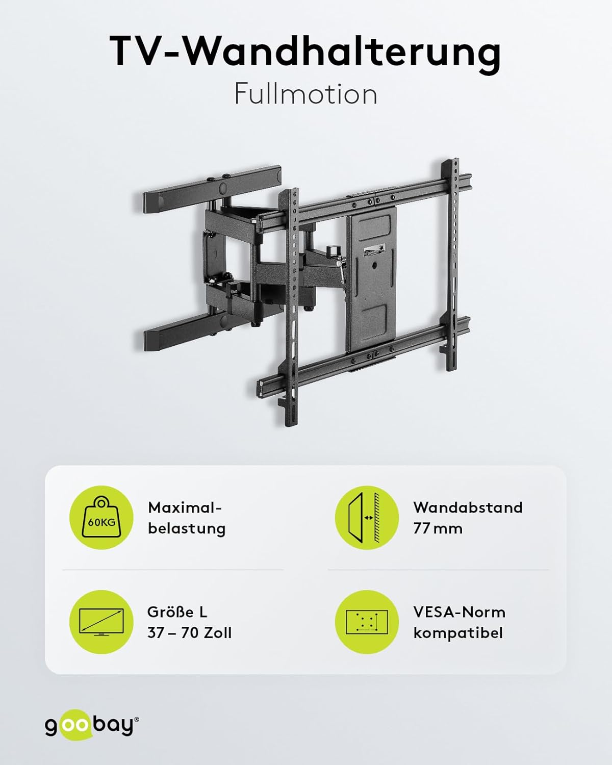 TV Wandhalterung 94 cm (37") - 178 cm (70") / Fernseherhalterung Pro FULLMOTION bis 60 kg / Wandhalter TV Neigbar & Schwenkbar / VESA Norm 600x400 / Schwarz
