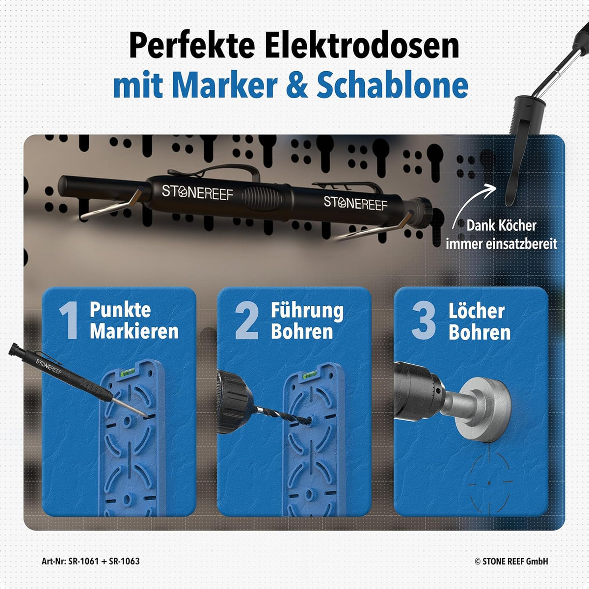 Bohrschablone für Steckdosen [inkl. Tieflochmarker] Perfekt für Trockenbau, Hohlraumdosen und Unterputzdose, Elektriker Wasserwaage, Schablone für Bohrkrone, Steckdosenbohrer 71mm und 91mm