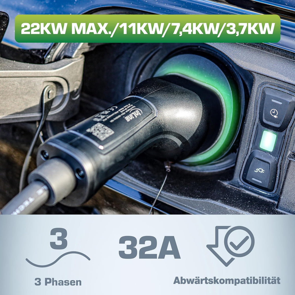EV Spiral-Autoladekabel für Elektroauto, 7,5m, TYP2 EN 62196, inkl. Aufbewahrungstasche, 22KW MAX./11KW/7,4KW/3,7KW, 32A, 3-Phasig, kompatibel mit Modellen wie i3, iX, ID.4 und Anderen