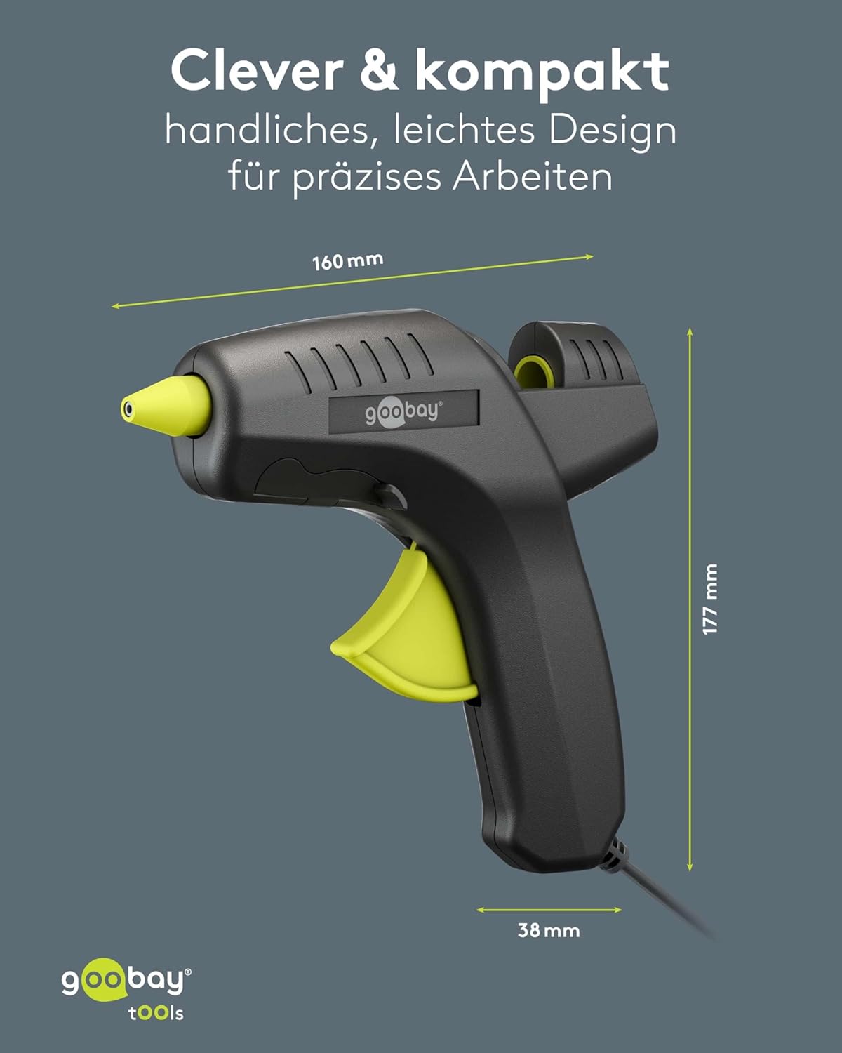 Heißklebepistole 80W inkl. 2 Klebesticks - für 11mm Sticks, 1m Kabel, schnelle Aufheizzeit 2-3 min, Reparaturen oder DYI, vielseitig einsetzbar für Keramik, Holz, Metall, Leder