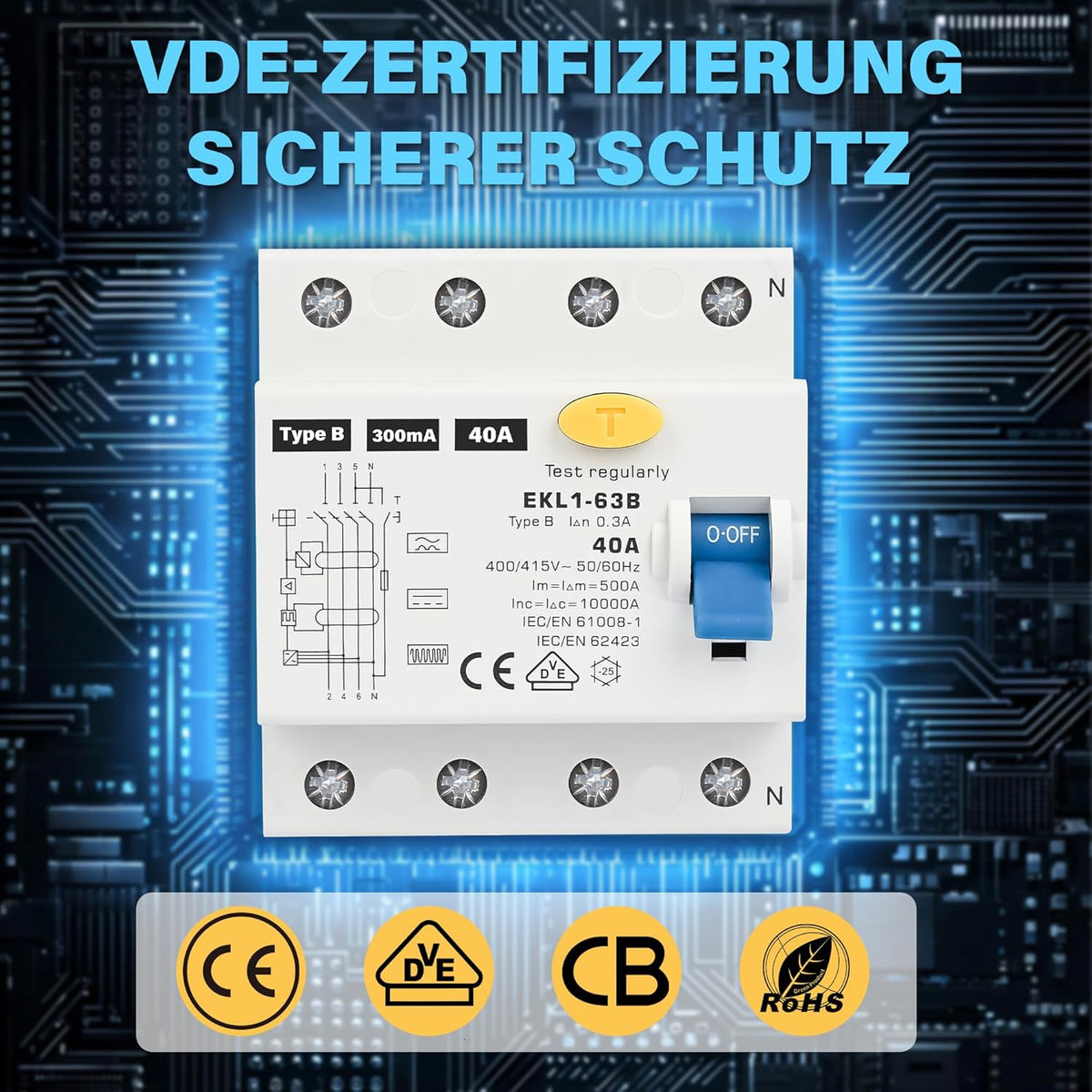 FI Schutzschalter Typ B 40A 300mA 4 Polig, VDE Zertifizierung Fehlerstromschutzschalter RCD Allstromsensitiver Schalter Automat Sicherun für Wallboxen Ladestationen, DIN Hutschiene Montage
