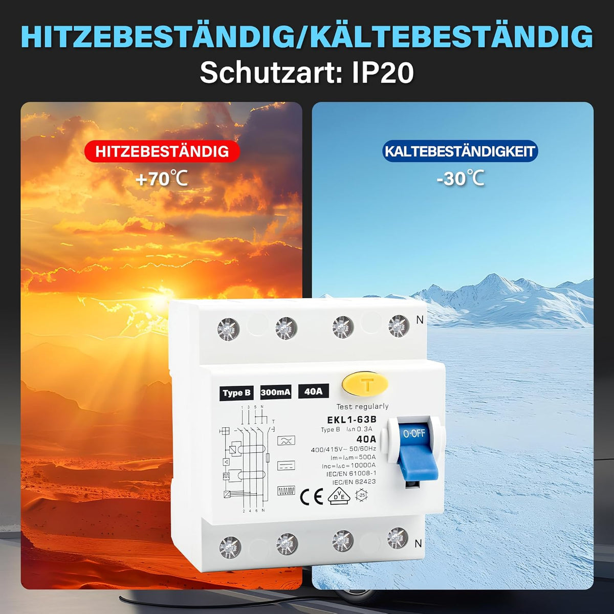 FI Schutzschalter Typ B 40A 300mA 4 Polig, VDE Zertifizierung Fehlerstromschutzschalter RCD Allstromsensitiver Schalter Automat Sicherun für Wallboxen Ladestationen, DIN Hutschiene Montage