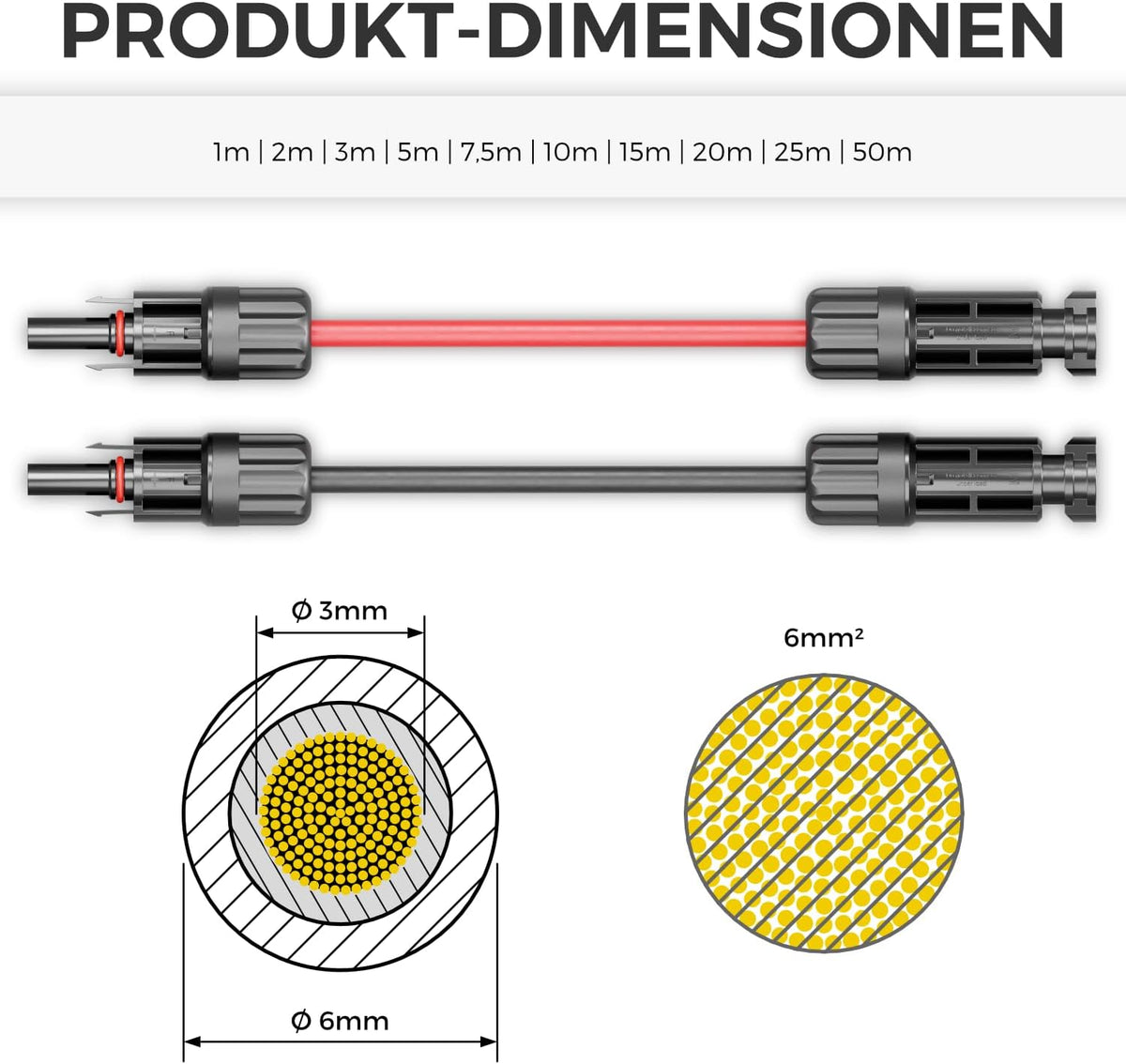 20m PV4 Solarkabel Verlängerung Set 6mm² für Photovoltaik-Anlagen - Verlängerungskabel für Serielle & Parallele Verkabelungen - 1kV AC 1,5kV DC - Wetterfest UV-Beständig IP68 - Rot & Schwarz
