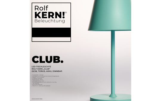 ROLF KERN LED Tischlampe | CLUB 25cm | Aufladbarer Akku Tischleuchte ohne Kabel, dimmbar per Touch, IP54 für Innen und Außen geeignet 2700K warmes Licht mit USB Ladekabel türkis [Energieklasse G]