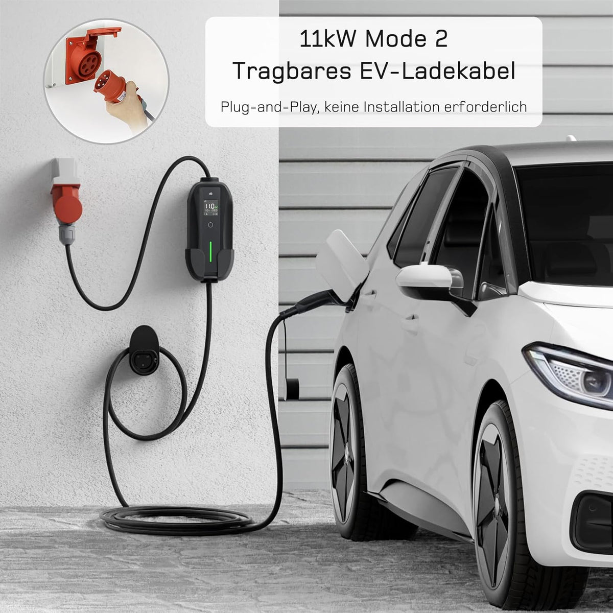 Mobile Wallbox / Ladestation 11kW [3-phasig | 10m | 6-16A] mit Einstellbarer Ladeleistung, Ladekabel CEE 16A auf Typ 2 und EV Ladegerät für Model Y/3, ID.3/4/5, MG4, EX30, e-up, e-tron, Zoe und andere EV