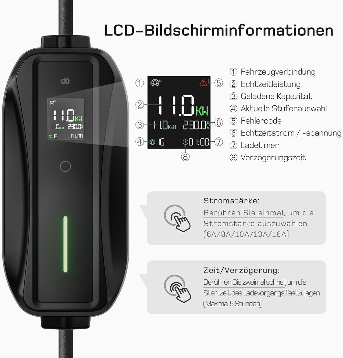 Mobile Wallbox / Ladestation 11kW [3-phasig | 10m | 6-16A] mit Einstellbarer Ladeleistung, Ladekabel CEE 16A auf Typ 2 und EV Ladegerät für Model Y/3, ID.3/4/5, MG4, EX30, e-up, e-tron, Zoe und andere EV