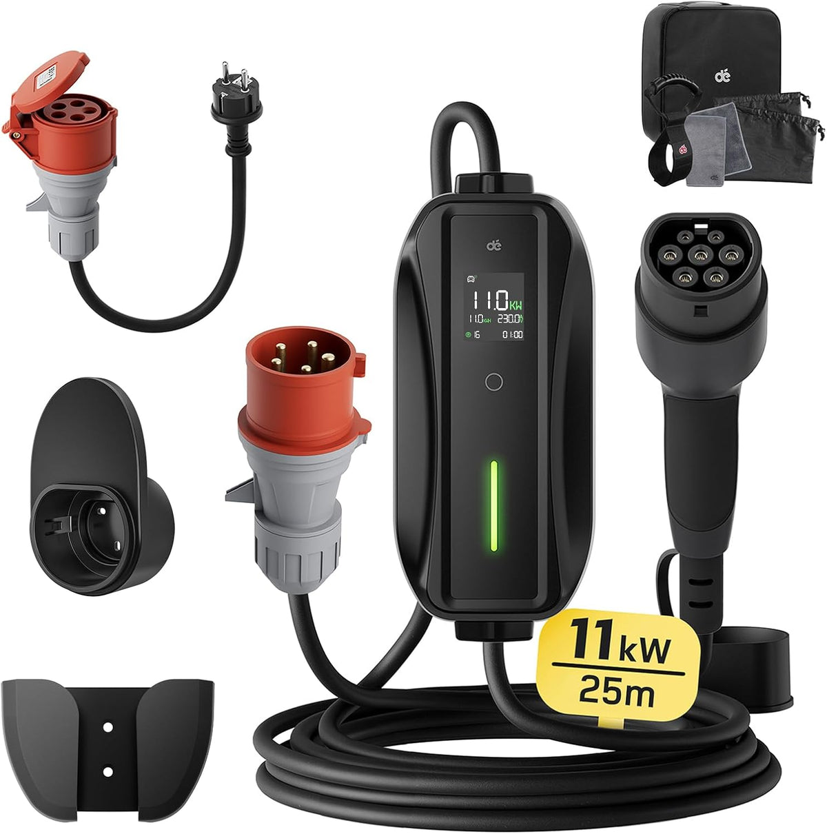 Mobile Wallbox / Ladestation 11kW [3-phasig | 25m | 6-16A] mit Einstellbarer Ladeleistung, Ladekabel CEE 16A auf Typ 2 und EV Ladegerät für Model Y/3, ID.3/4/5, MG4, EX30, e-up, e-tron, Zoe und andere EV