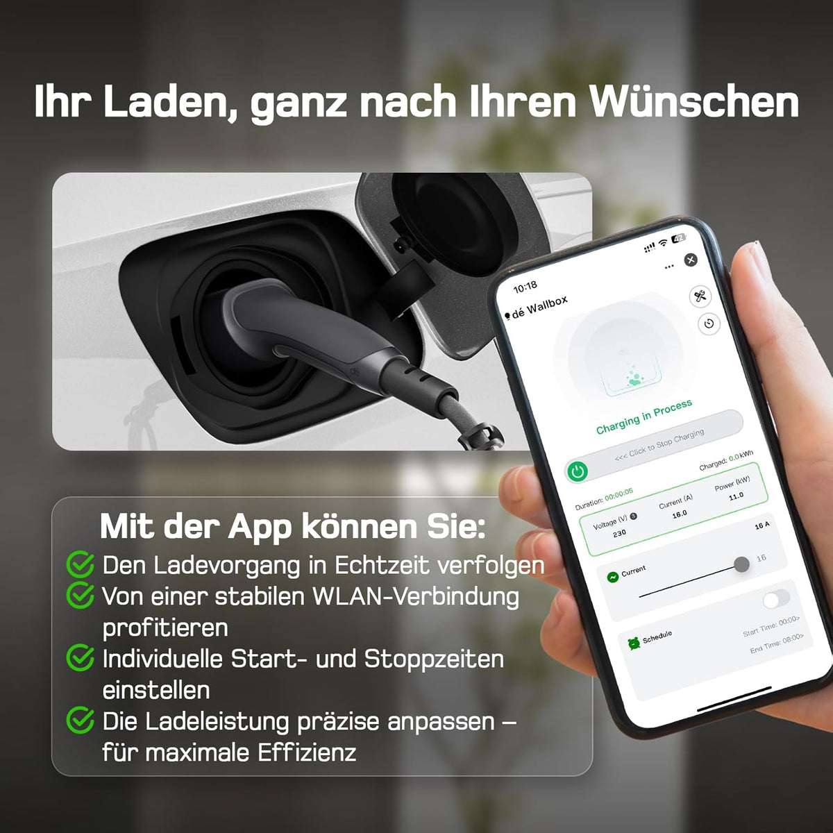 Mobile Wallbox 11kW mit APP [10m | 3-phasig | 6–16 A], Ladekabel e Auto CEE-16A 400V auf Typ 2 mit Einstellbarer Ladeleistung, EV-Charger für ID.3/4/5/7, IX1, Model 3/Y und andere BEV/PHEV