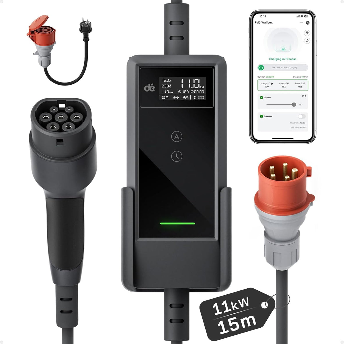 Mobile Wallbox 11kW mit APP [15 m | 3-phasig | 6–16 A], Ladekabel e Auto CEE-16A 400V auf Typ 2 mit Einstellbarer Ladeleistung, EV-Charger für ID.3/4/5/7, IX1, Model 3/Y und andere BEV/PHEV