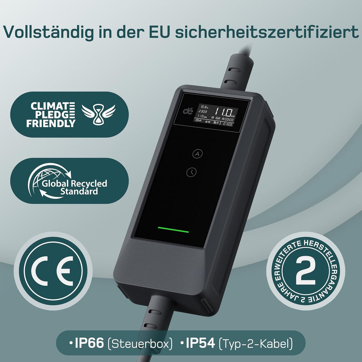 Mobile Wallbox 11kW mit APP [25 m | 3-phasig | 6–16 A], Ladekabel e Auto CEE-16A 400V auf Typ 2 mit Einstellbarer Ladeleistung, EV-Charger für ID.3/4/5/7, IX1, Model 3/Y und andere BEV/PHEV