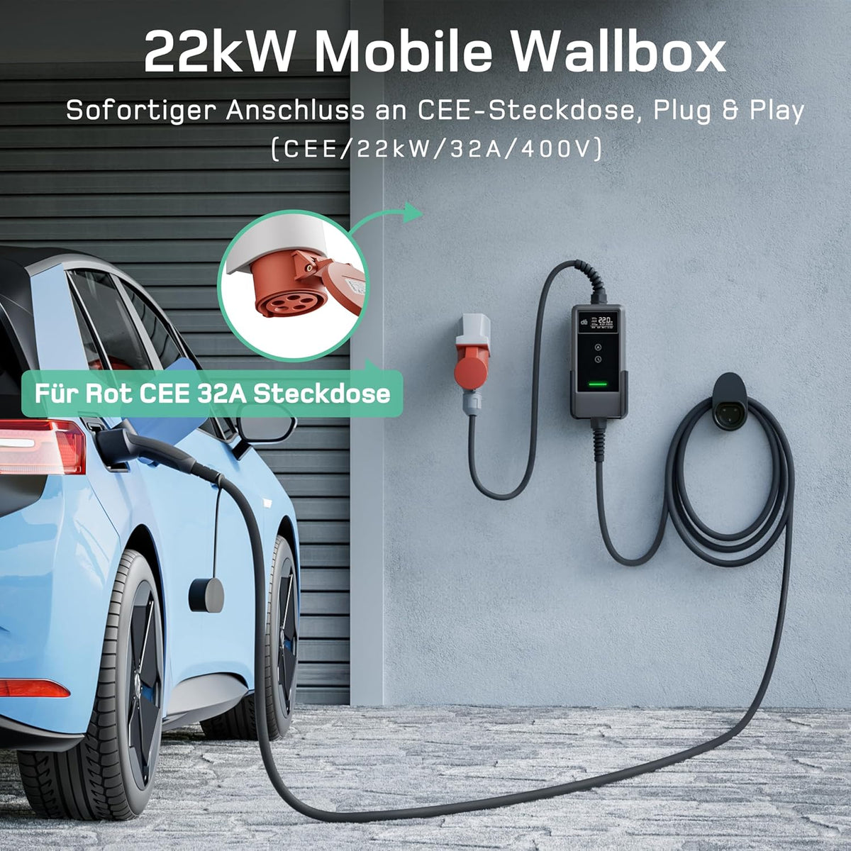 Mobile Wallbox/Ladestation 22kW Mit App [3-phasig | 7m | 6-32A] mit Stromzähler, Ladekabel CEE 32A auf Typ 2 und EV Ladegerät für Model Y/3, ID.3/4/5, MG4, EX30, e-up, e-tron und andere EV/PHEV