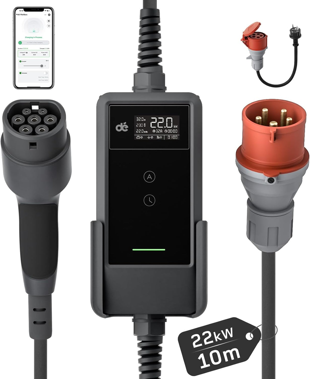 Mobile Wallbox/Ladestation 22kW Mit App [3-phasig | 10m | 6-32A] mit Stromzähler, Ladekabel CEE 32A auf Typ 2 und EV Ladegerät für Model Y/3, ID.3/4/5, MG4, EX30, e-up, e-tron und andere EV/PHEV