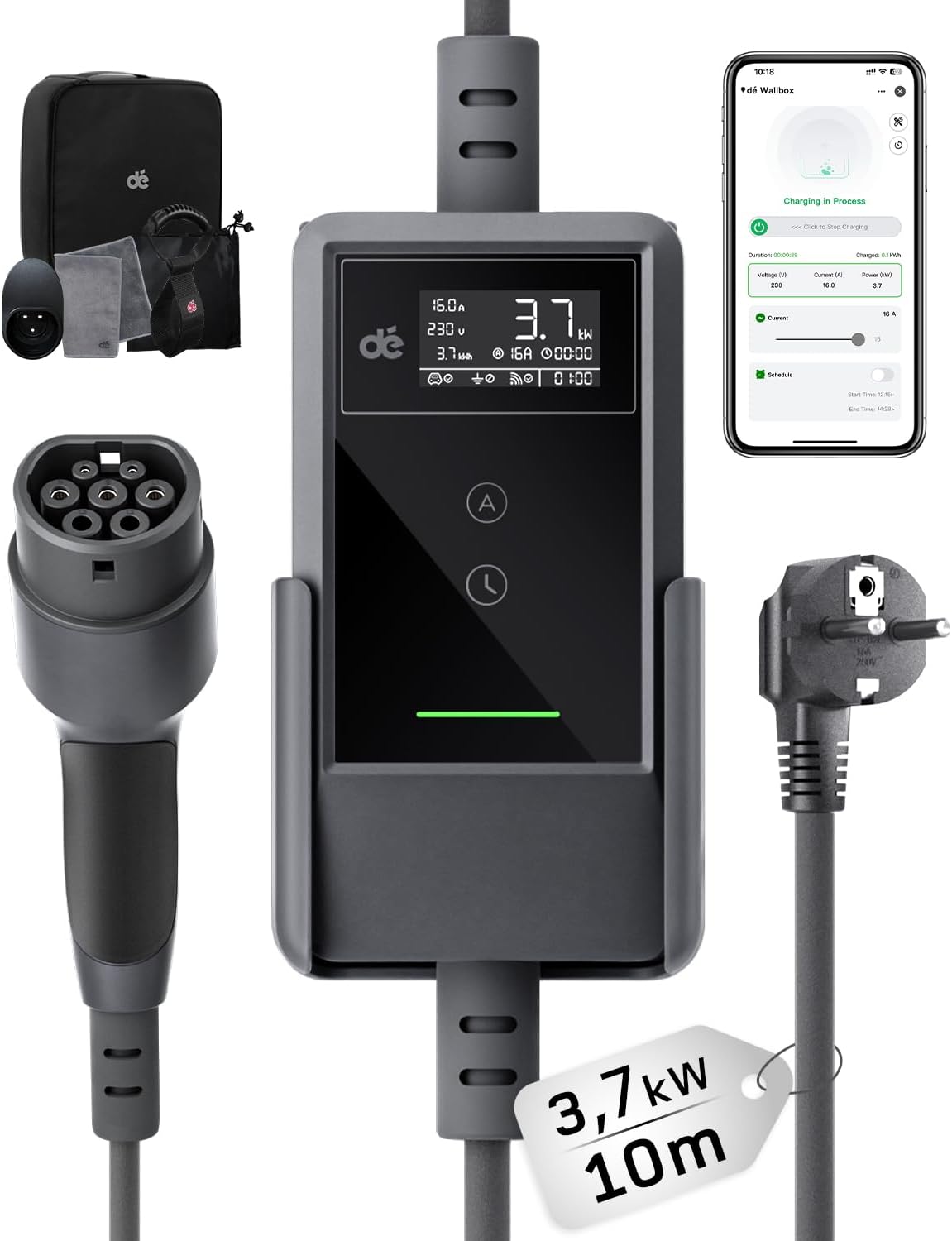 Typ 2 Ladekabel Schuko mit APP 3,7kW [10m, 6-16A, 1-phasig] Ladekabel Typ 2 Schuko mit Fernsteuerbarer Leistung - EV Charger 3,7kW für e Auto ID.3/4/5/7, Model Y/3, ENYAQ und Anderen PHEV/EV