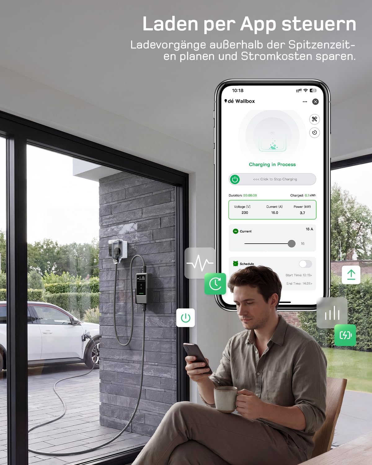 Typ 2 Ladekabel Schuko mit APP 3,7kW [20m, 6-16A, 1-phasig] Ladekabel Typ 2 Schuko mit Fernsteuerbarer Leistung - EV Charger 3,7kW für e Auto ID.3/4/5/7, Model Y/3, ENYAQ und Anderen PHEV/EV