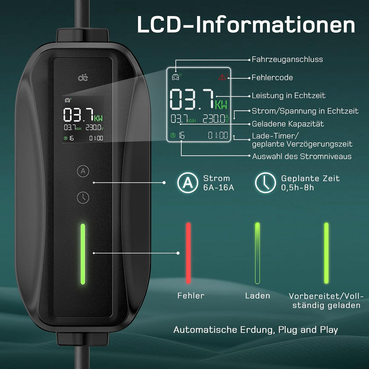 Ladekabel Typ 2 Schuko 3,68kW[1-phasig, 8m, 6-16A] EV Chargers mit Steuerbarer Digitalanzeige für Elektroauto, Ladekabel e Auto für Model 3/Y, ID.3, ID.4, ID.5, MG4, Q4, Gla und Anderen PHEV/EV…
