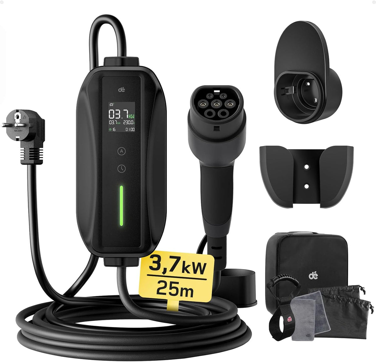 Ladekabel Typ 2 Schuko 3,68kW [1-phasig, 25m, 6-16A] EV Chargers mit Steuerbarer Digitalanzeige für Elektroauto, Ladekabel e Auto für Model 3/Y, ID.3, ID.4, ID.5, MG4, Q4, Gla und Anderen PHEV/EV | Ladekabel e Auto, für Elektroauto, mit Steuerbarer Digita
