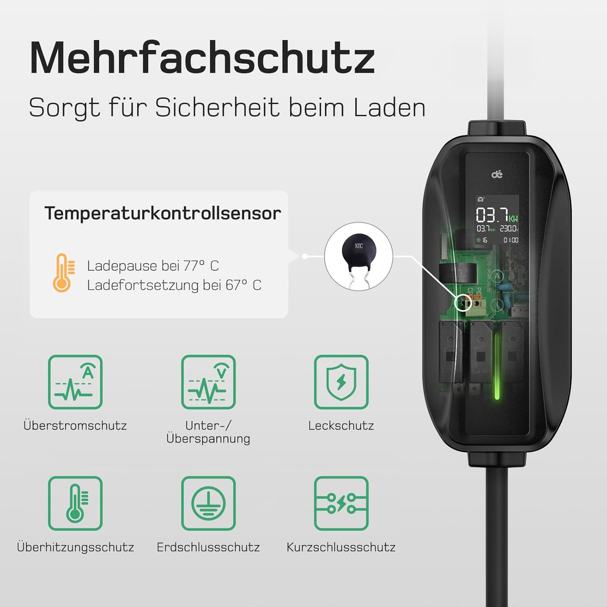 Ladekabel Typ 2 Schuko 3,68kW [1-phasig, 25m, 6-16A] EV Chargers mit Steuerbarer Digitalanzeige für Elektroauto, Ladekabel e Auto für Model 3/Y, ID.3, ID.4, ID.5, MG4, Q4, Gla und Anderen PHEV/EV | Ladekabel e Auto, für Elektroauto, mit Steuerbarer Digita