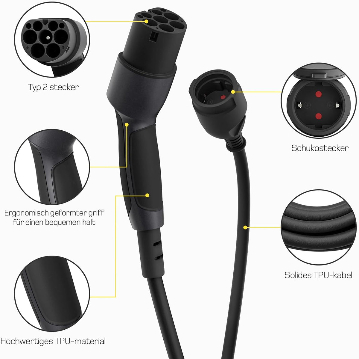 Adapter Typ 2 auf Schuko - Elektroauto Ladestecker, 16A 0.6m Einfaches Laden an Ladestationen/Wallboxen trotz Verwendung von 230V Ladegeräten für E-Bike, E-Scooter, Motorrad. IP55 Nicht für V2L