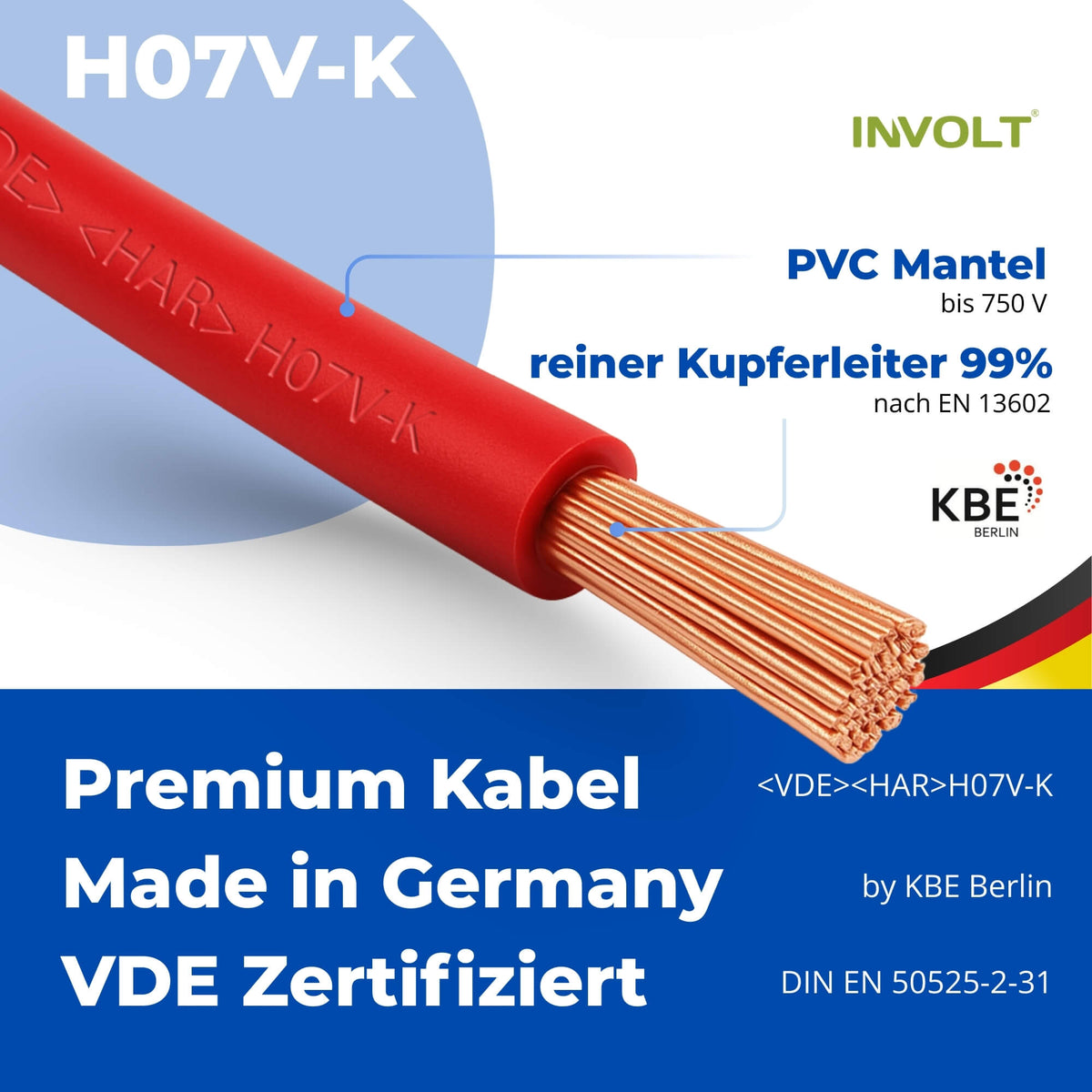 H07V-K 10 mm² Verdrahtungsleitung Set, 5x je 1m Einzelader Schwarz, Blau, Braun, Grau, Grün-Gelb + Zubehör