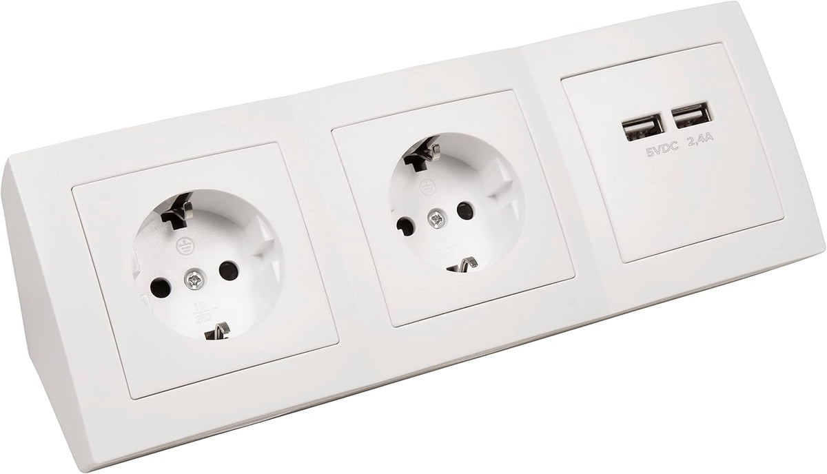 MC Power Steckdosenblock Unterbausteckdosen | Flair | 2-Fach Schutzkontaktsteckdosen + 2X USB, 15cm Kabel, 230V / 16A, Ecksteckdose Küchensteckdose Mehrfachsteckdose, weiß matt