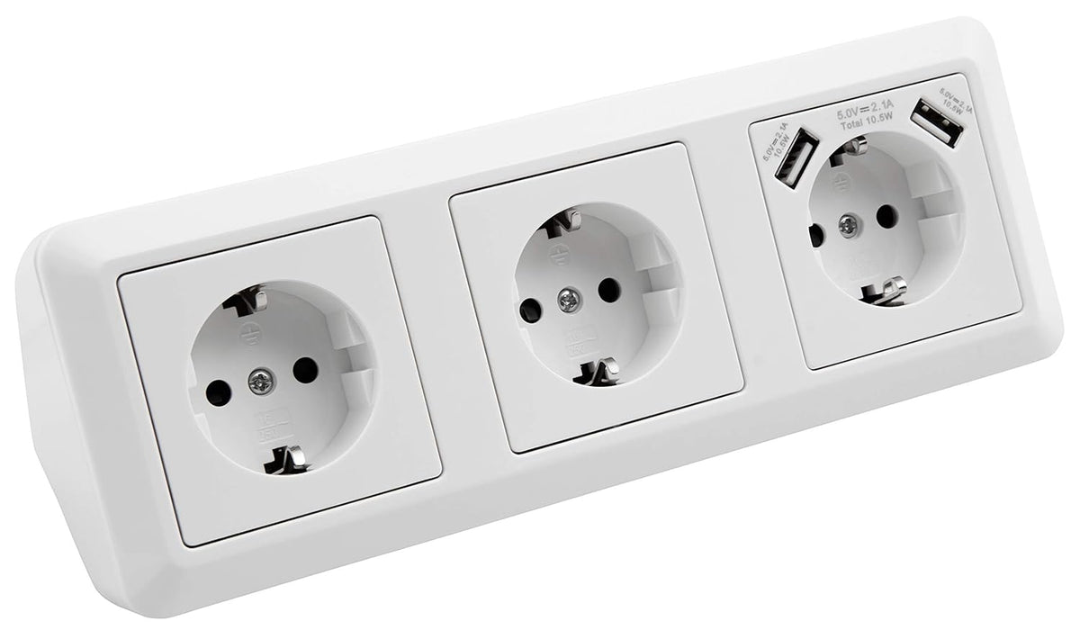 MC POWER Steckdosenblock Ecksteckdose | CUP | Unterbausteckdosen, USB-Steckdose 3x Steckdose 2x USB, 230V~ / 16A, Aufbau Küchensteckdose Mehrfach weiß, poliert