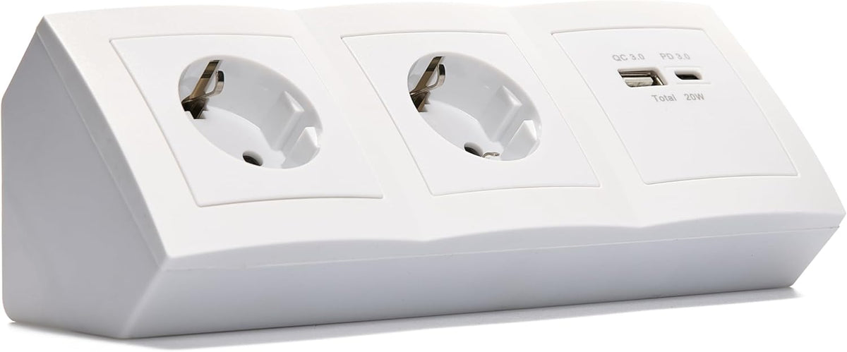 MC Power Steckdosenblock Unterbausteckdosen | Flair | Ecksteckdose 2-Fach Steckdose + USB-C/A, 15cm Kabel mit Lüsterklemme, 230V / 16A, Aufbau, weiß matt