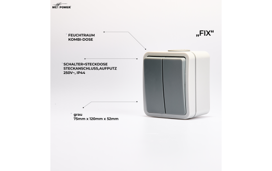 MC POWER Feuchtraum Serienschalter Aufputz | Fix | Licht Schalter Doppelschalter Steckanschluss, IP54, 250V 10A, AP grau