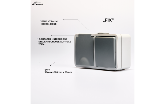 MC POWER Feuchtraum Schalter Steckdosen Set | 1x Kombi Schalter Steckdose horizontal + 2x Einszelsteckdose | Fix Heizkeller | IP54 Steckdose Lichtschalter mit Steckanschluss grau