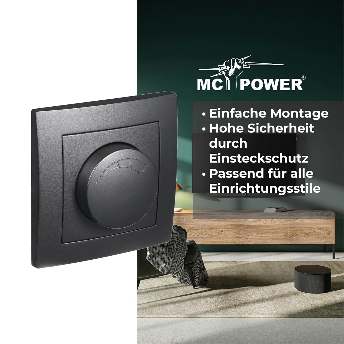 McPower LED Dimmer drehbar für elektronische Trafos | FLAIR | 250V / 300W inklusive 1-fach Rahmen, Memory-Funktion, matt Schwarz