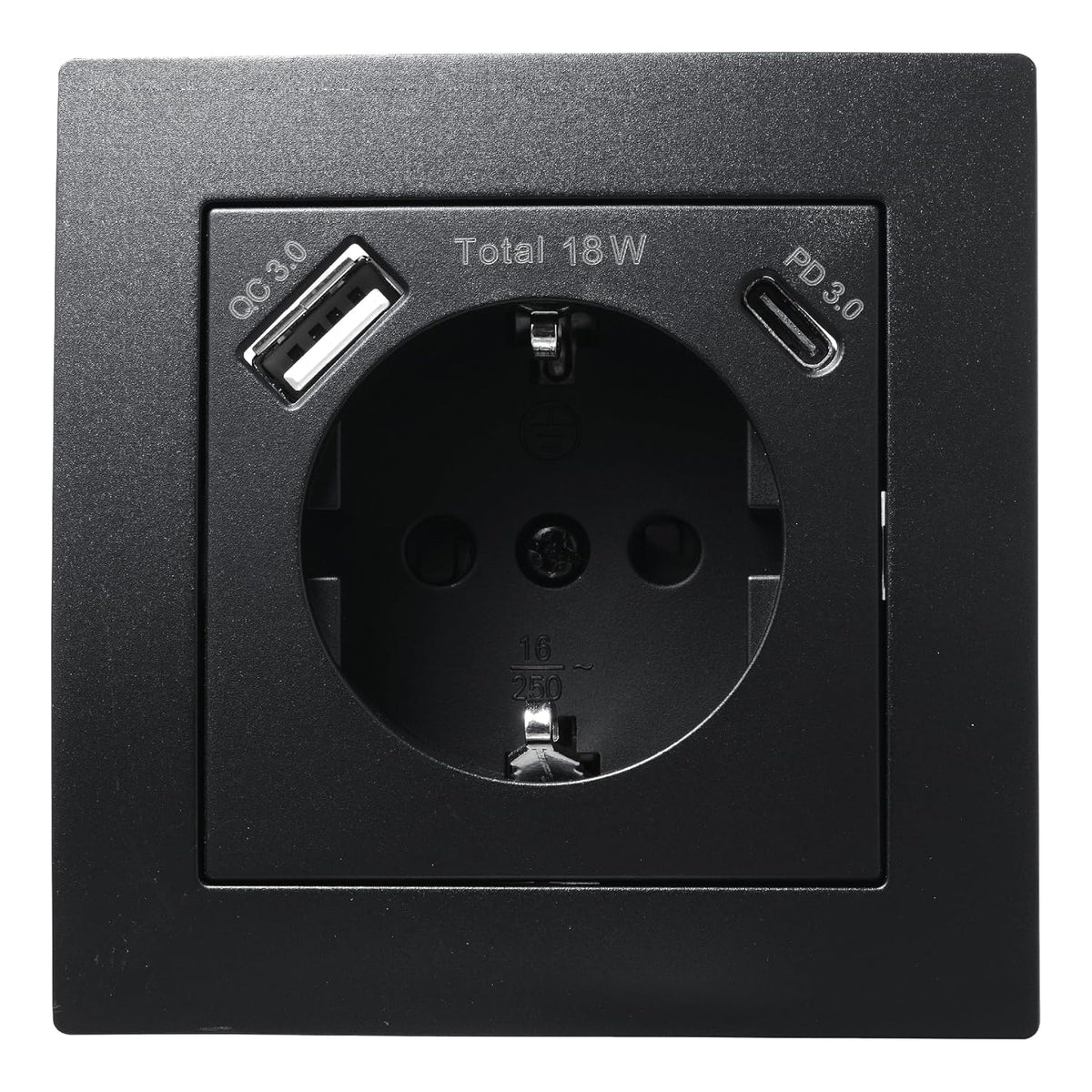 McPower Steckdose mit 1x USB-C - 18W Quickcharge + 1x USB-A | FLAIR | 250V~/16A, Unterputz Wandsteckdose mit Einsteckschutz matt Schwarz