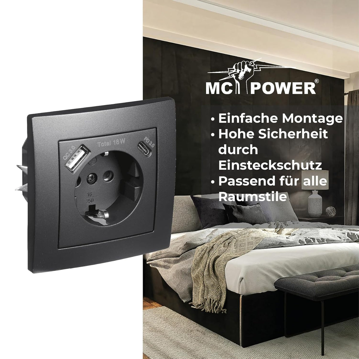 McPower Steckdose mit 1x USB-C - 18W Quickcharge + 1x USB-A | FLAIR | 250V~/16A, Unterputz Wandsteckdose mit Einsteckschutz matt Schwarz