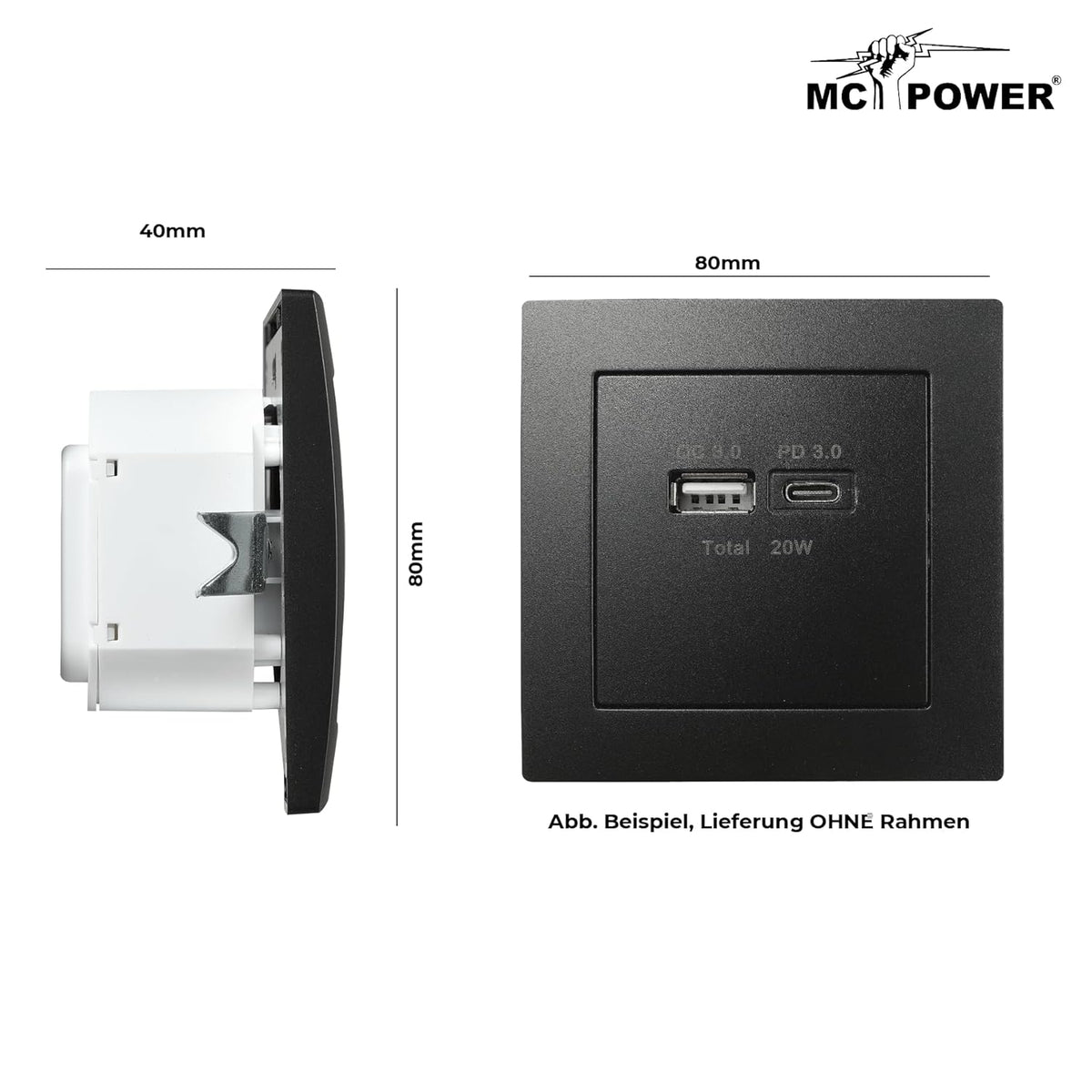 MC POWER USB Ladedose | FLAIR | 2-Fach, 3,4A, USB-A USB-C Ladesteckdose, Ladebuchse matt Schwarz für Wohnzimmer, Schalfzimmer Küche Büro