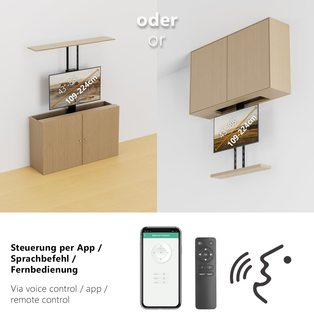 MyWall HP66-3 elektrischer TV Lift zum hochfahren & herunterlassen 43-88" Bildschirme (mit Fernbedienung, für 109-224cm TVs, max. 60kg Belastbarkeit)