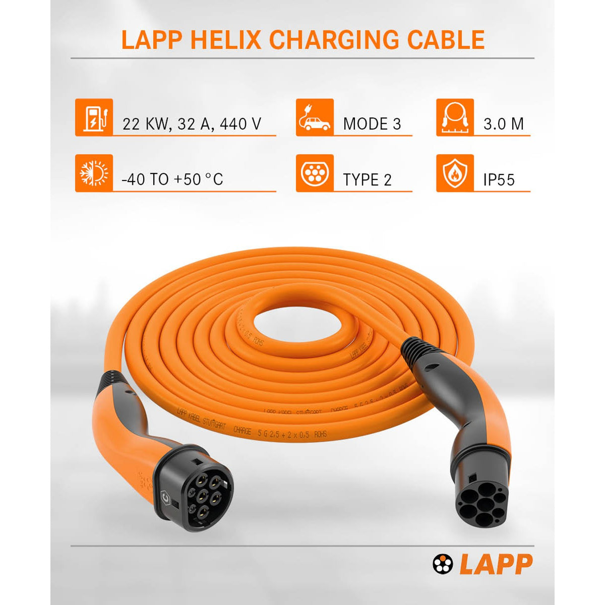 Lapp MOBILITY Helix Typ 2 Ladekabel 22 KW / 3m / Selbstaufrollend / 32 A / 3-Phasig / E-Auto Ladekabel/ Mode 3 / Orange