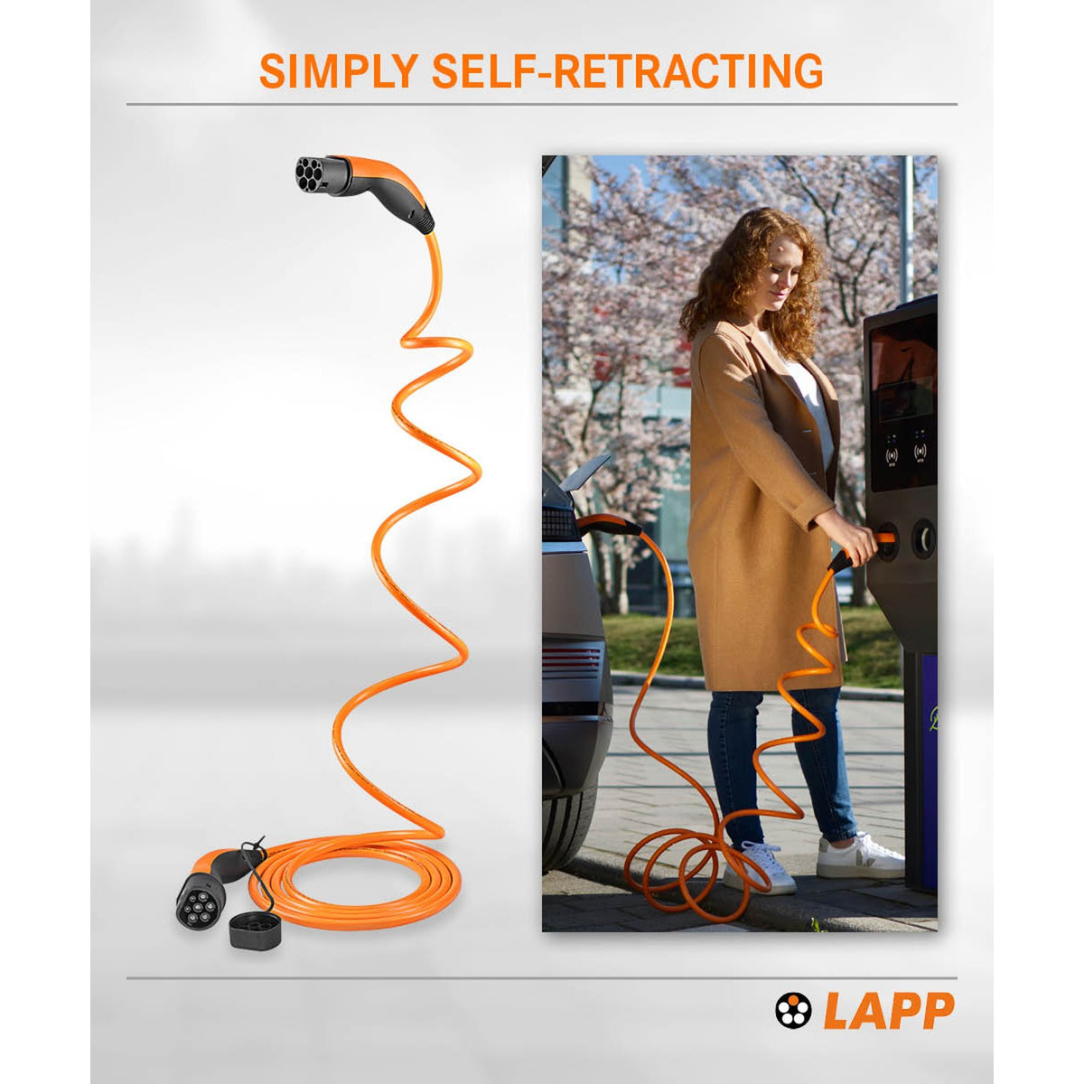 Lapp MOBILITY Helix Typ 2 Ladekabel 22 KW / 3m / Selbstaufrollend / 32 A / 3-Phasig / E-Auto Ladekabel/ Mode 3 / Orange